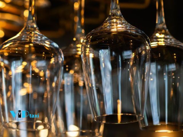 Hanging wine glasses at the Beverly on Main for Scottsdale Happy Hour